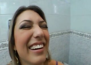 Arriving in the bathroom and seeing the hot blonde